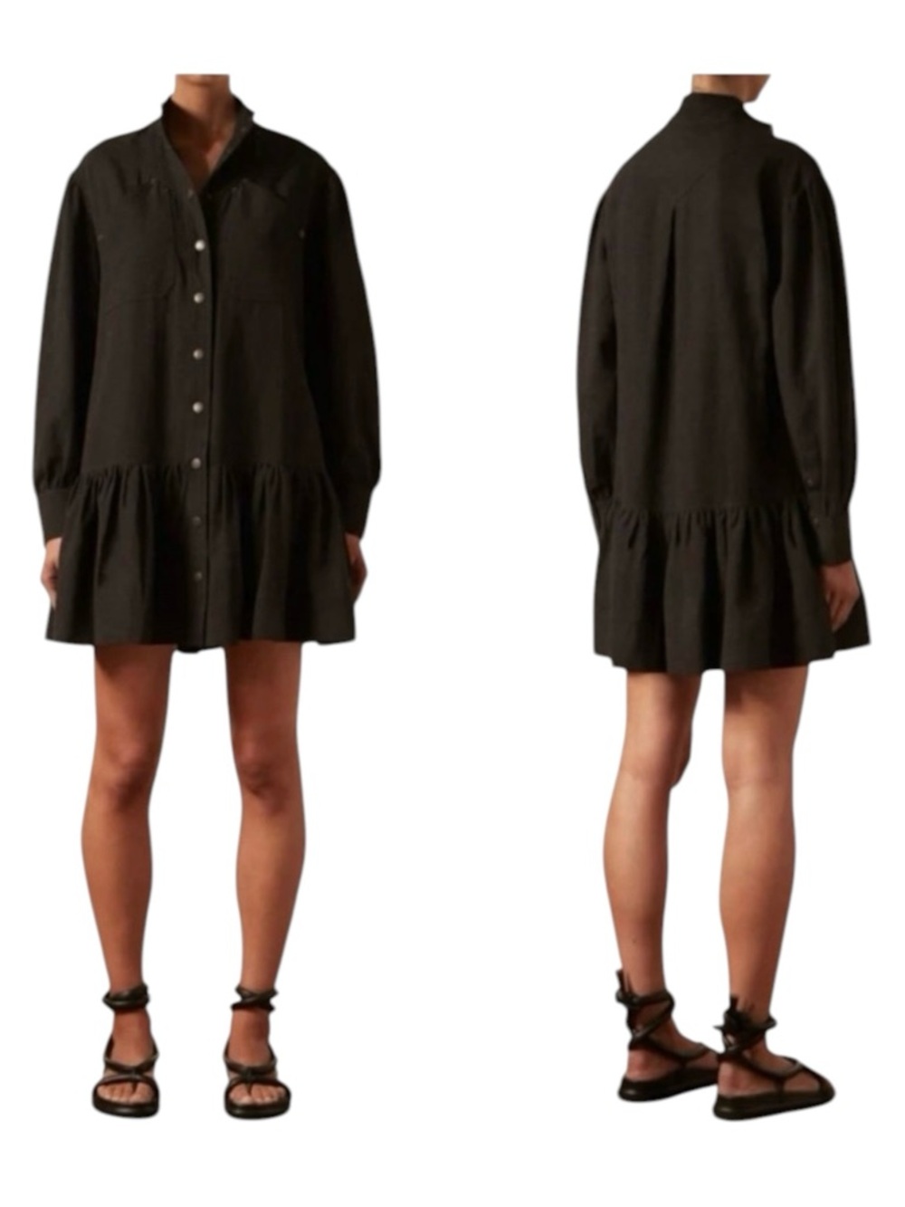 Shona Joy Black Linen Cotton Utility Mini Dress Long Sleeve Pockets Size 10